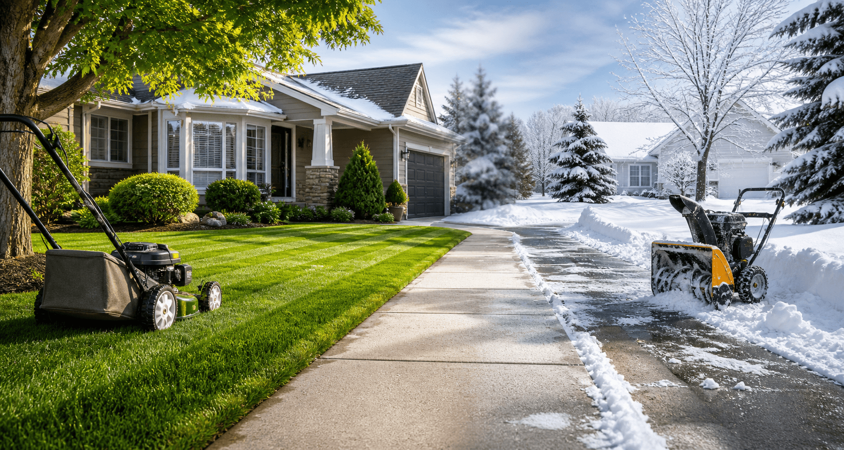 Fresh lawn care beside a cleared snowy driveway